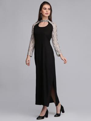 contrast lace sleeved side slit dress - 15726268 - Standard Image - 2