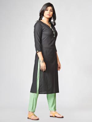 Solid kurta with stripes pant set - 15726544 - Standard Image - 2