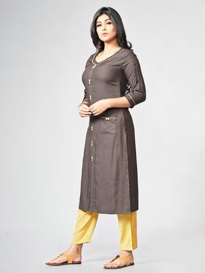 Patch pocket kurta with stripes pant set - 15726545 - Standard Image - 2
