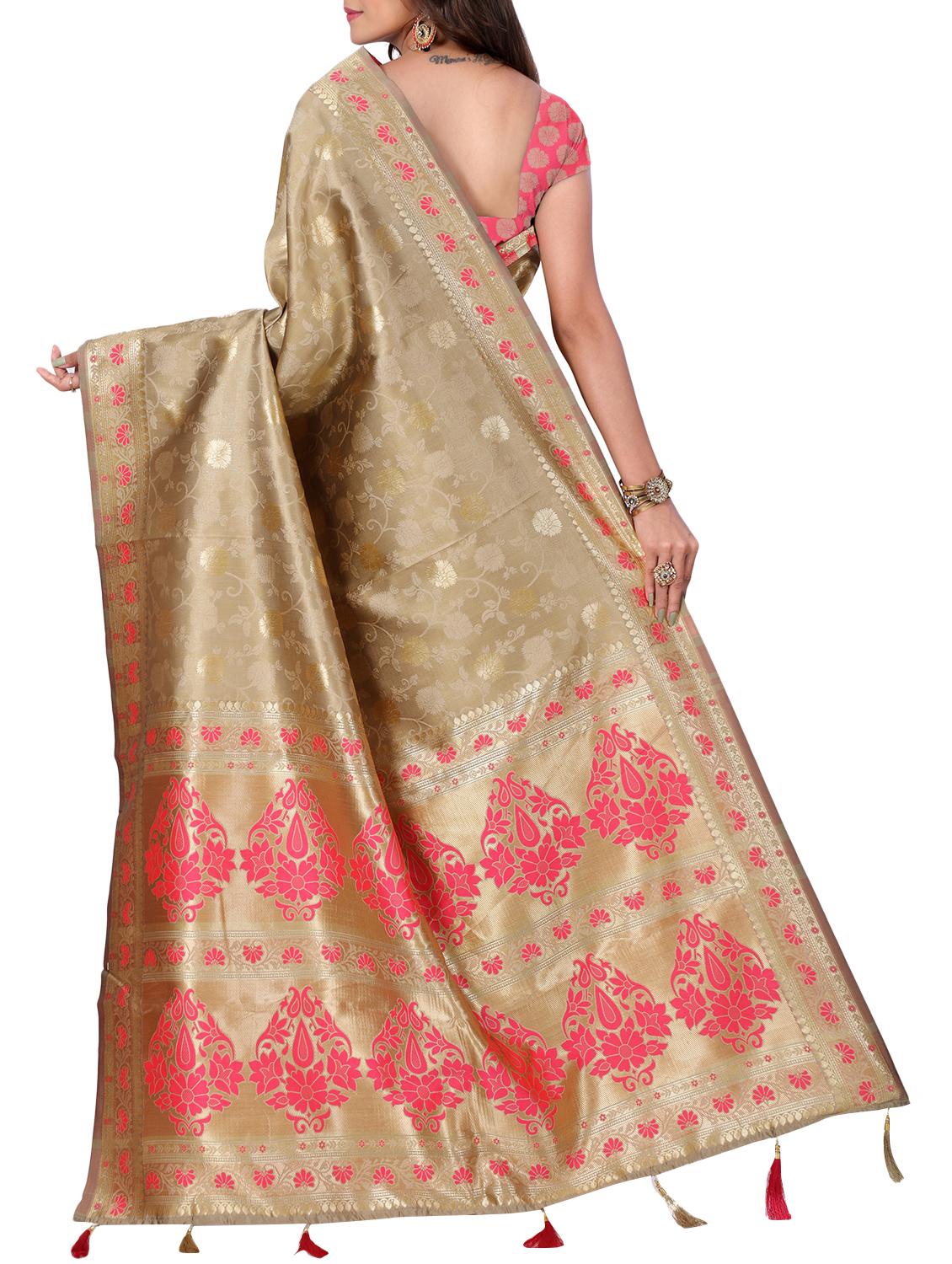 floral zari motif banarasi saree with blouse - 15726722 - Zoom Image - 2
