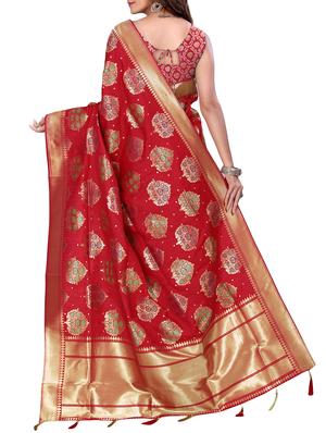 floral zari motif banarasi saree with blouse - 15726734 - Standard Image - 2
