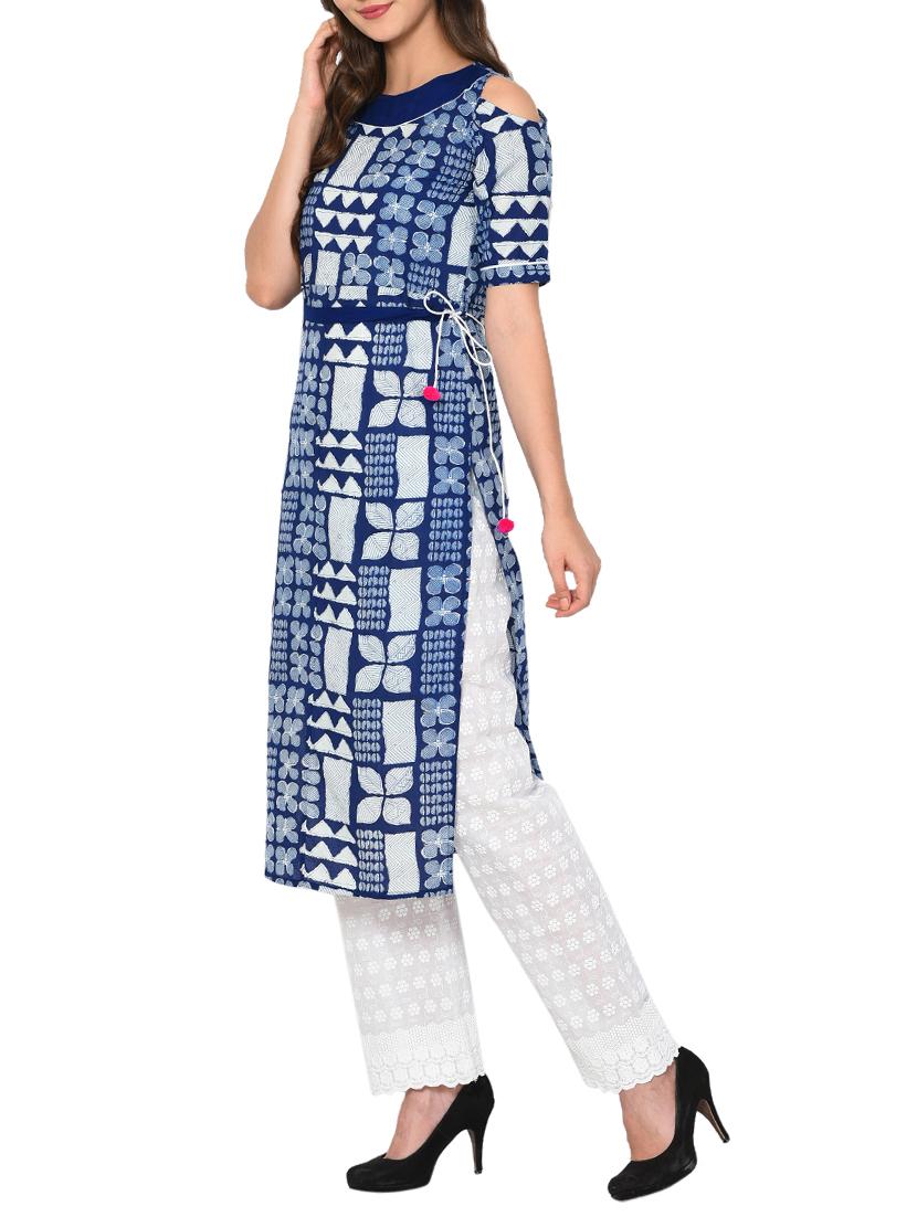 Indigo cold shoulder straight kurta - 15727413 - Zoom Image - 2