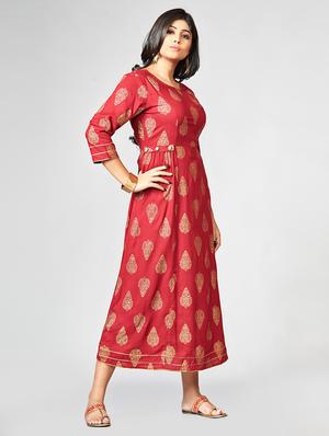Foil print a-line ethnic dress - 15727819 - Standard Image - 2