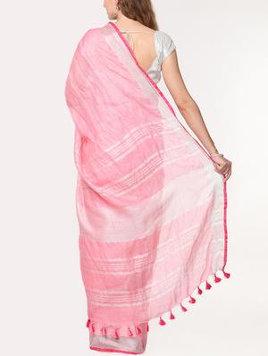 contrast border inen handloom saree with blouse - 15728564 - Standard Image - 2