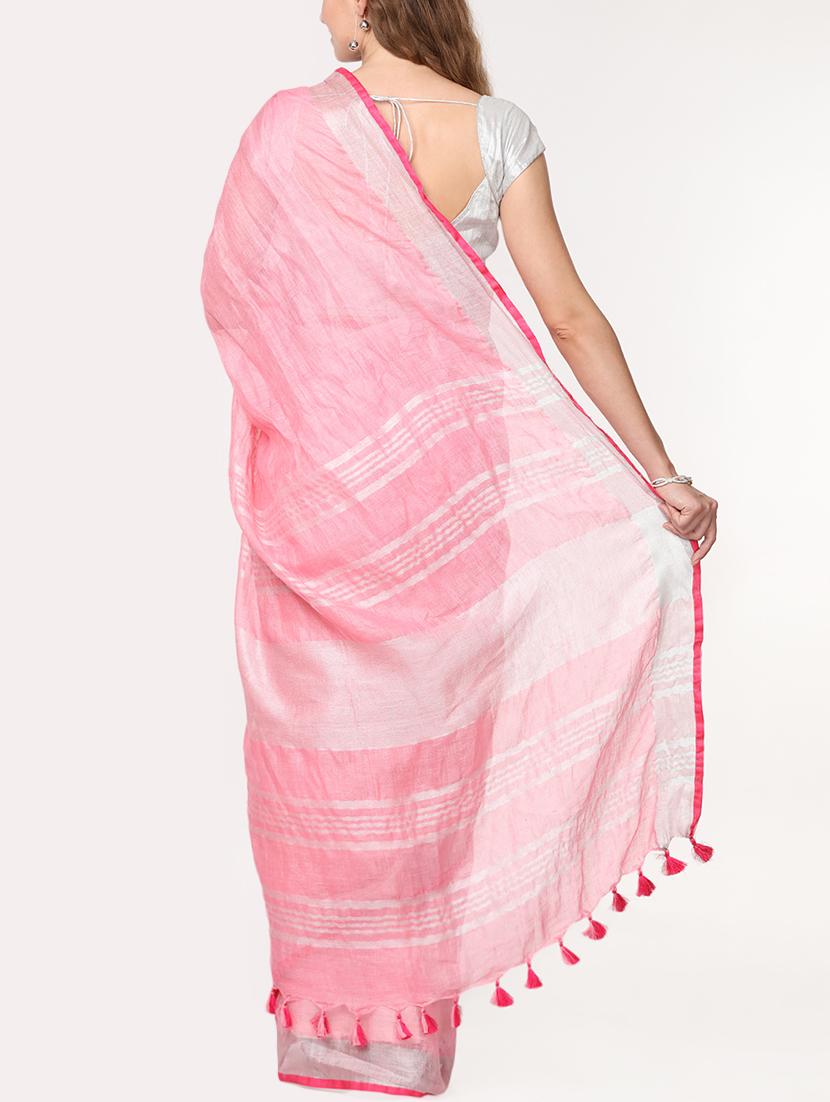 contrast border inen handloom saree with blouse - 15728564 - Zoom Image - 2