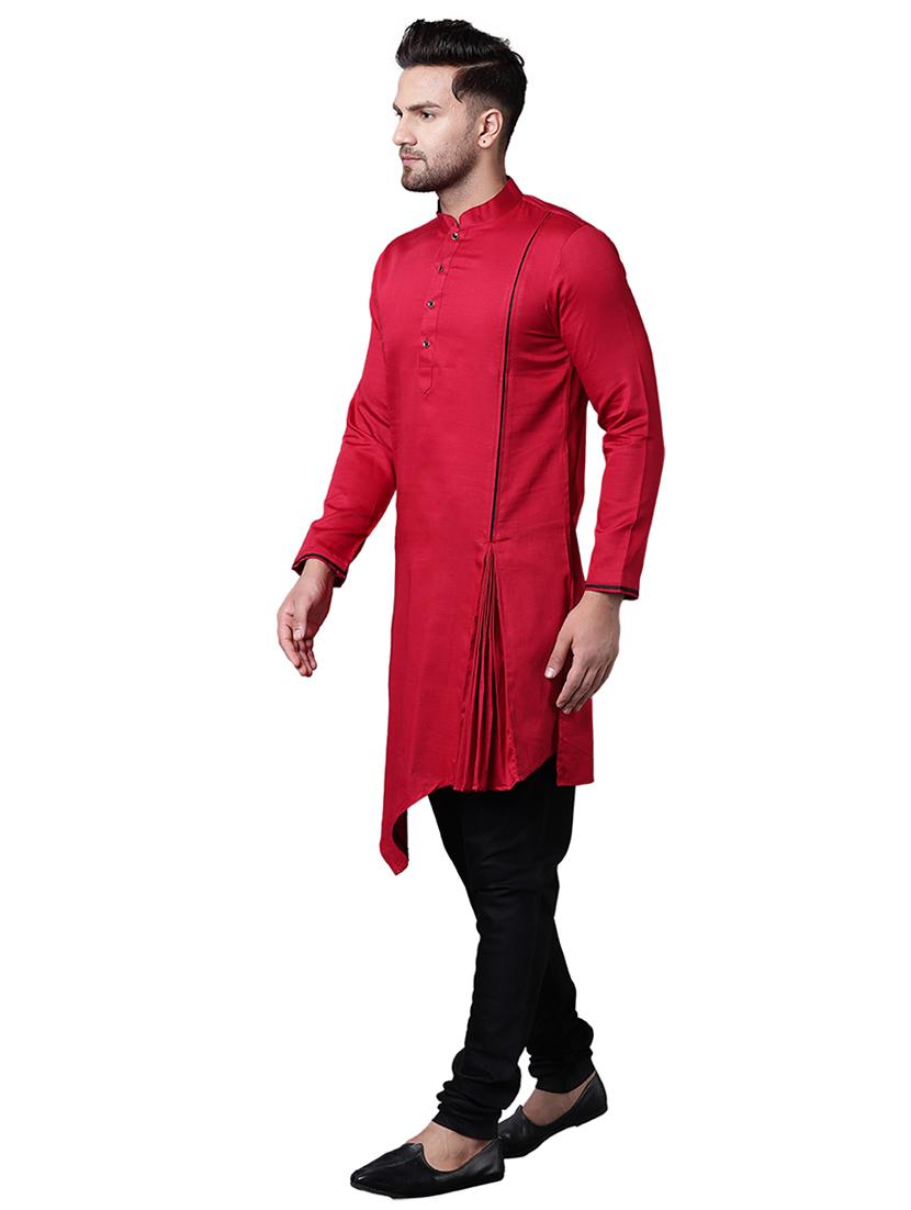 red cotton asymmetric kurta pyjama set - 15729234 - Zoom Image - 2