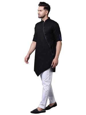 black cotton asymmetric kurta pyjama set - 15729240 - Standard Image - 2