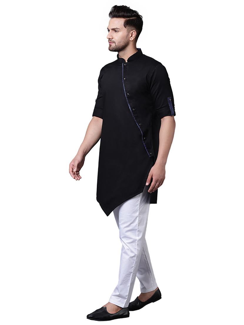 black cotton asymmetric kurta pyjama set - 15729240 - Zoom Image - 2