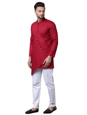 red cotton asymmetric kurta pyjama set - 15729244 - Standard Image - 2