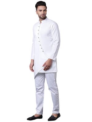 white cotton asymmetric kurta pyjama set - 15729245 - Standard Image - 2