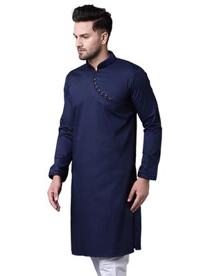 navy blue cotton long kurta - 15729270 - Standard Image - 2