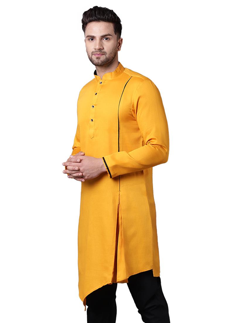 yellow cotton asymmetric kurta - 15729280 - Zoom Image - 2