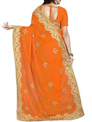 embroidered orange saree with blouse - 15729821 - Standard Image - 2