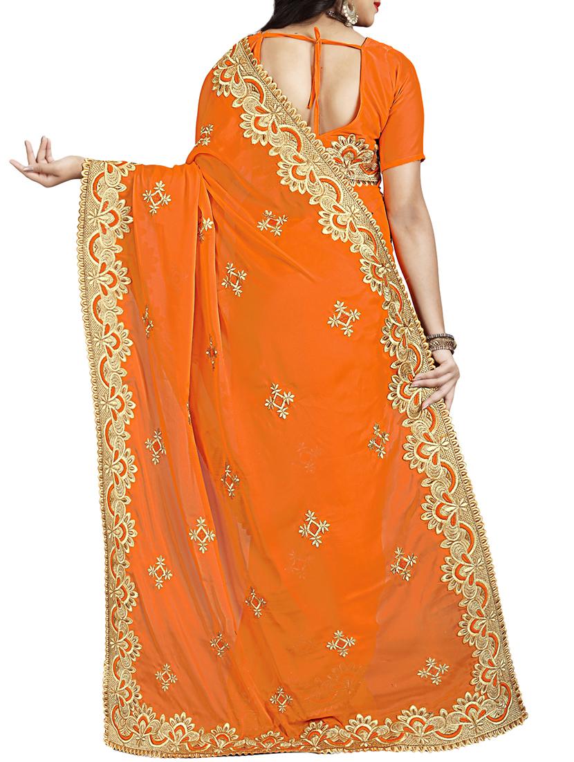 embroidered orange saree with blouse - 15729821 - Zoom Image - 2
