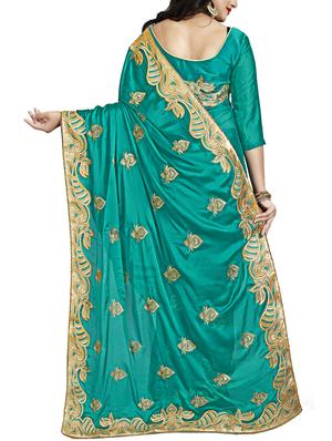 turquoise embroidered saree with blouse - 15730023 - Standard Image - 2