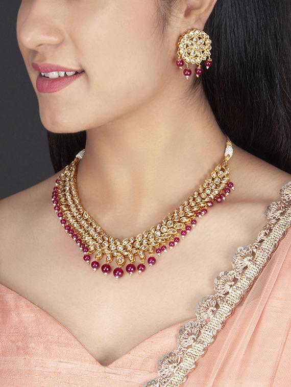 Gold Tone Necklace, Earrings & Maangteeka Set - 15731235 - Zoom Image - 2