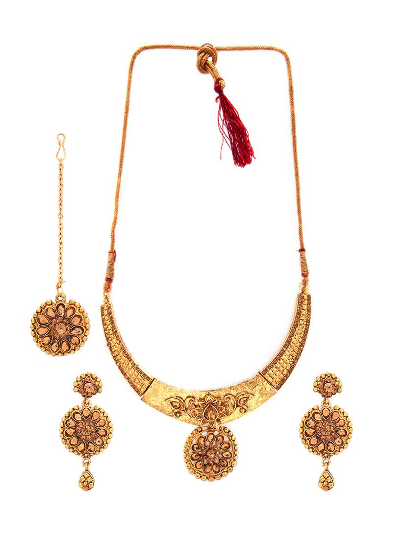 Gold Tone Necklace, Earrings & Maangteeka Set - 15731257 - Zoom Image - 2