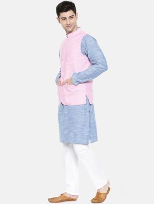 blue cotton kurta pyjama set with nehru jacket - 15731532 - Standard Image - 2