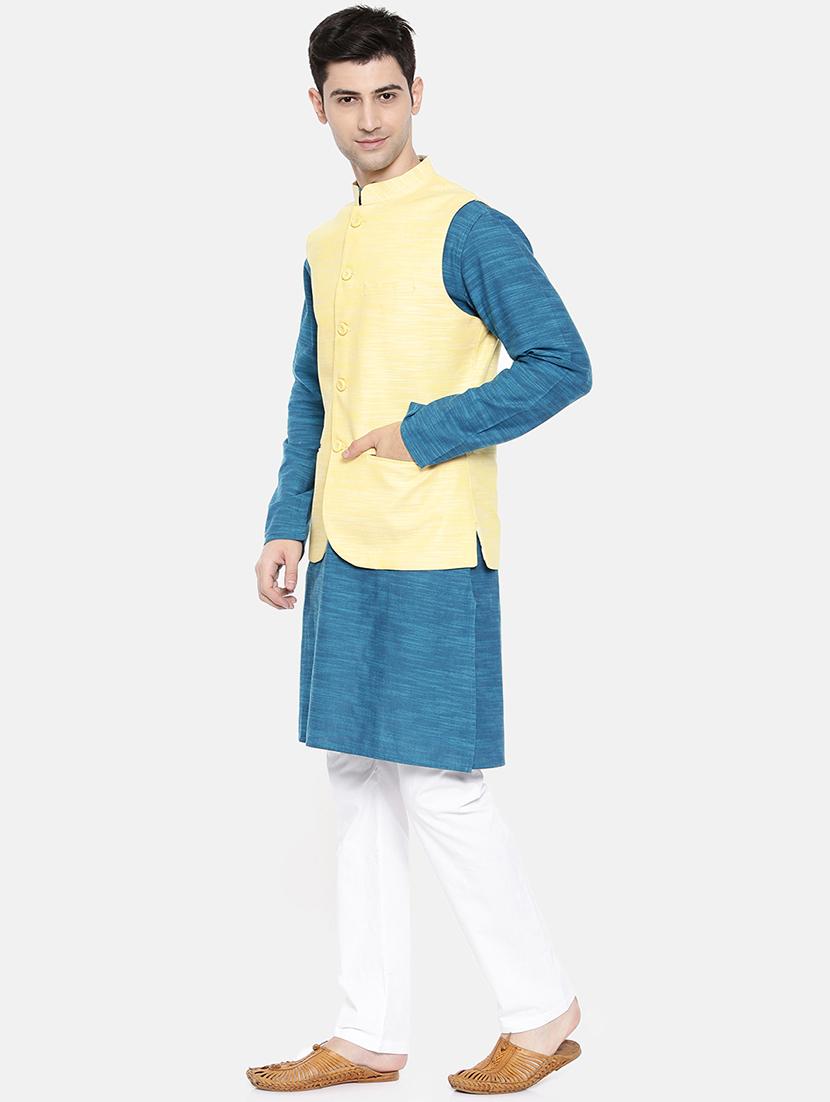 blue cotton kurta pyjama set with nehru jacket - 15731533 - Zoom Image - 2