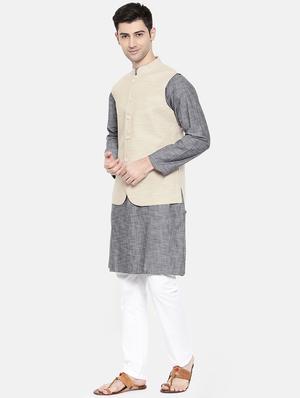 grey cotton kurta pyjama set with nehru jacket - 15731534 - Standard Image - 2