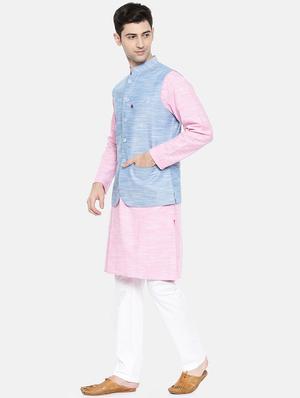 pink cotton kurta pyjama set with nehru jacket - 15731536 - Standard Image - 2