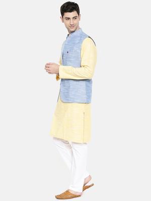 yellow cotton kurta pyjama set with nehru jacket - 15731538 - Standard Image - 2