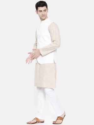 beige cotton kurta pyjama set with nehru jacket - 15731539 - Standard Image - 2