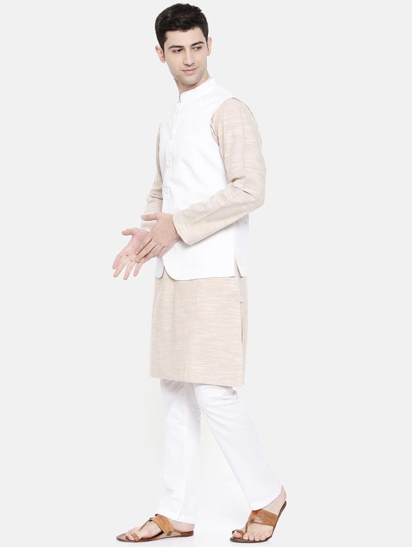 beige cotton kurta pyjama set with nehru jacket - 15731539 - Zoom Image - 2