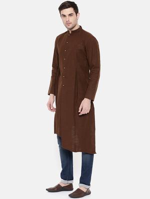 brown cotton asymmetric kurta - 15731664 - Standard Image - 2