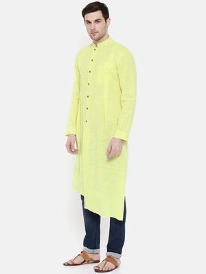 yellow cotton asymmetric kurta - 15731665 - Standard Image - 2