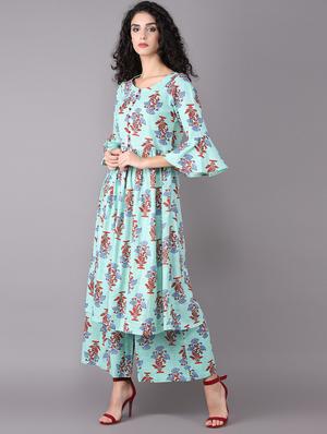 Printed bell sleeved kurta with palazzo set - 15731809 - Standard Image - 2