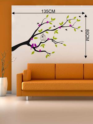 Rawpockets Wall Decals ' Violet Flower Tree with Bird Cage' Wall Decal Sticker ' Wall stickers (PVC Vinyl) Multicolour - 15733450 - Standard Image - 2