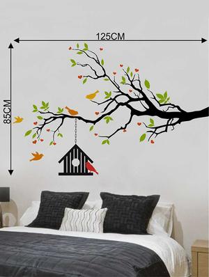 Rawpockets Wall Decals ' Heart-in Flower Tree with Bird Cage' Wall Decal Sticker ' Wall stickers (PVC Vinyl) Multicolour - 15733452 - Standard Image - 2
