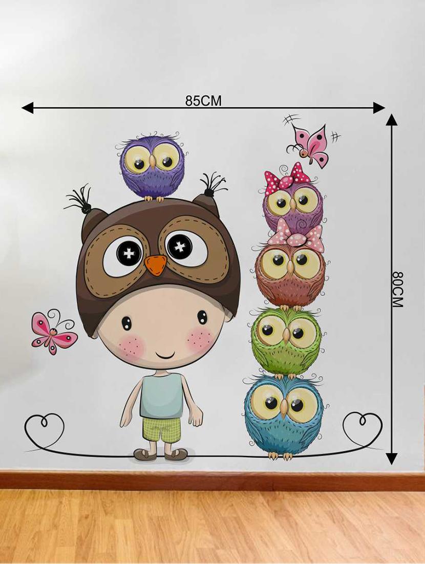 Rawpockets Wall Decals ' Boy and Cartoon Owl Family' Wall Decal Sticker ' Wall stickers (PVC Vinyl) Multicolour - 15733474 - Zoom Image - 2