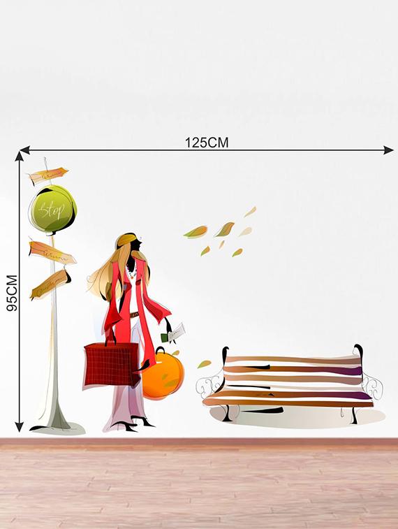 Rawpockets Wall Decals ' Lady at Bus stop ' Wall stickers (PVC Vinyl) Multicolour - 15733542 - Zoom Image - 2