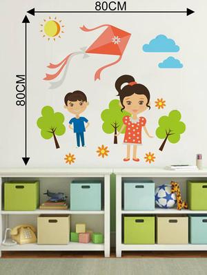 Rawpockets Wall Decals ' Kids Playing Kite ' Wall stickers (PVC Vinyl) Multicolour - 15733559 - Standard Image - 2