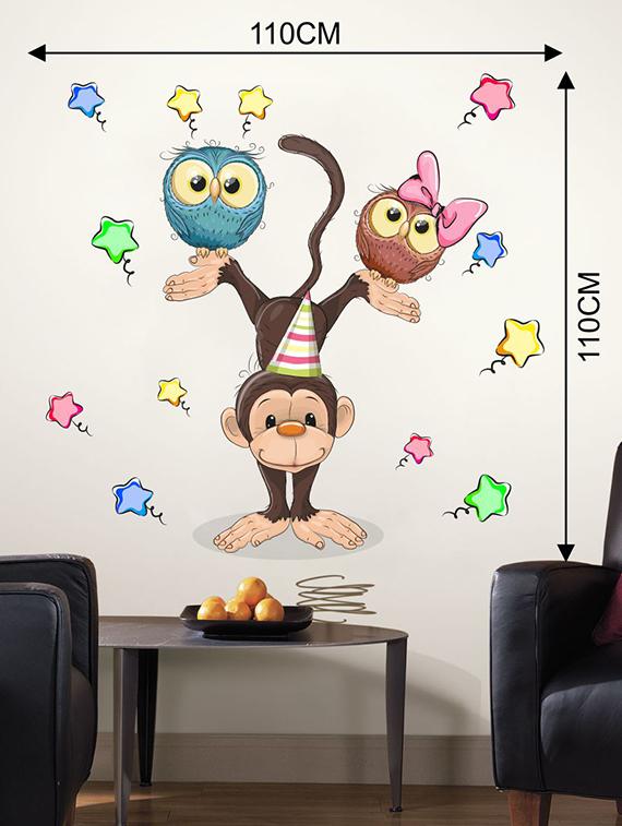 Rawpockets Wall Decals ' Cartoon Monkey n Owl Wall Sticker ' Wall stickers (PVC Vinyl) Multicolour - 15733638 - Zoom Image - 2
