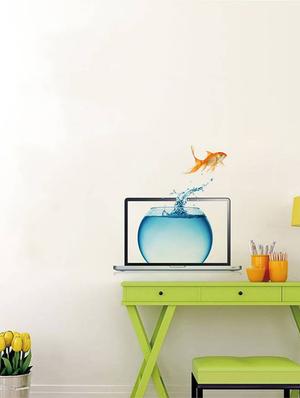 Rawpockets Wall Decals ' Laptop and Fish Bowl Abstract ' Wall stickers (PVC Vinyl) Multicolour - 15733901 - Standard Image - 2