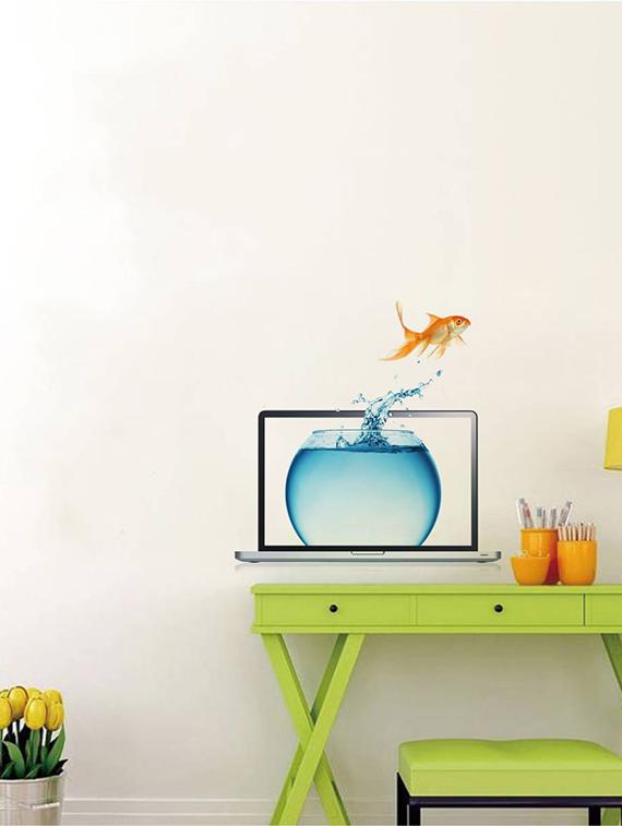Rawpockets Wall Decals ' Laptop and Fish Bowl Abstract ' Wall stickers (PVC Vinyl) Multicolour - 15733901 - Zoom Image - 2