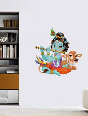 Rawpockets Wall Decals ' Lord Krishna Playing Flute with Cow ' Wall stickers (PVC Vinyl) Multicolour - 15733944 - Standard Image - 2
