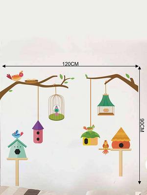 Rawpockets Wall Decals ' Birds family and their Cage ' Wall stickers (PVC Vinyl) Multicolour - 15733962 - Standard Image - 2