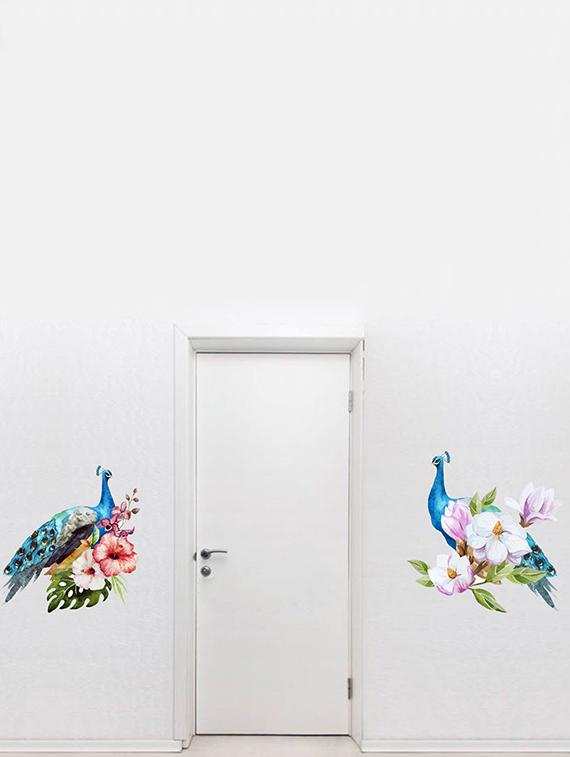 Rawpockets Wall Decals ' Peacock Pair on Flowers ' Wall stickers (PVC Vinyl) Multicolour - 15734022 - Zoom Image - 2