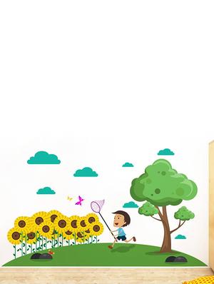 Rawpockets Wall Decals ' Nature Flower Boy Catching Butterfly ' Wall stickers (PVC Vinyl) Multicolour - 15734042 - Standard Image - 2