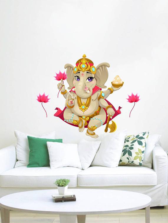 Rawpockets Wall Decals ' Lord Ganesha with Lotus Flower ' Wall stickers (PVC Vinyl) Multicolour - 15734096 - Zoom Image - 2