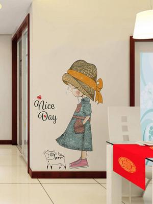 Rawpockets Wall Decals ' Girl and Cat Nice Day ' Wall stickers (PVC Vinyl) Multicolour - 15734098 - Standard Image - 2