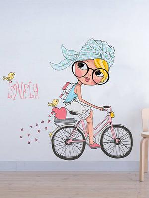 Rawpockets Wall Decals ' Girl on a Cycle and Love Birds ' Wall stickers (PVC Vinyl) Multicolour - 15734099 - Standard Image - 2