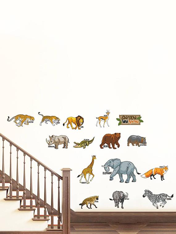 Rawpockets Wall Decals ' Caution Wild animals - Kids Room ' Wall stickers (PVC Vinyl) Multicolour - 15734122 - Zoom Image - 2