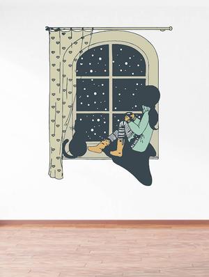 Rawpockets Wall Decals ' Girl and Cat on a False Window ' Wall stickers (PVC Vinyl) Multicolour - 15734124 - Standard Image - 2
