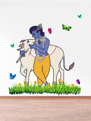 Rawpockets Wall Decals ' Lord Krishna and Cow Nature ' Wall stickers (PVC Vinyl) Multicolour - 15734133 - Standard Image - 2