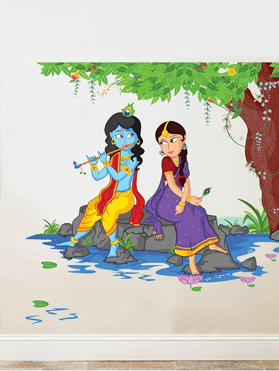 Rawpockets Wall Decals ' Lord Krishna Playing Flute with Radha on River Bed ' Wall stickers (PVC Vinyl) Multicolour - 15734135 - Zoom Image - 2